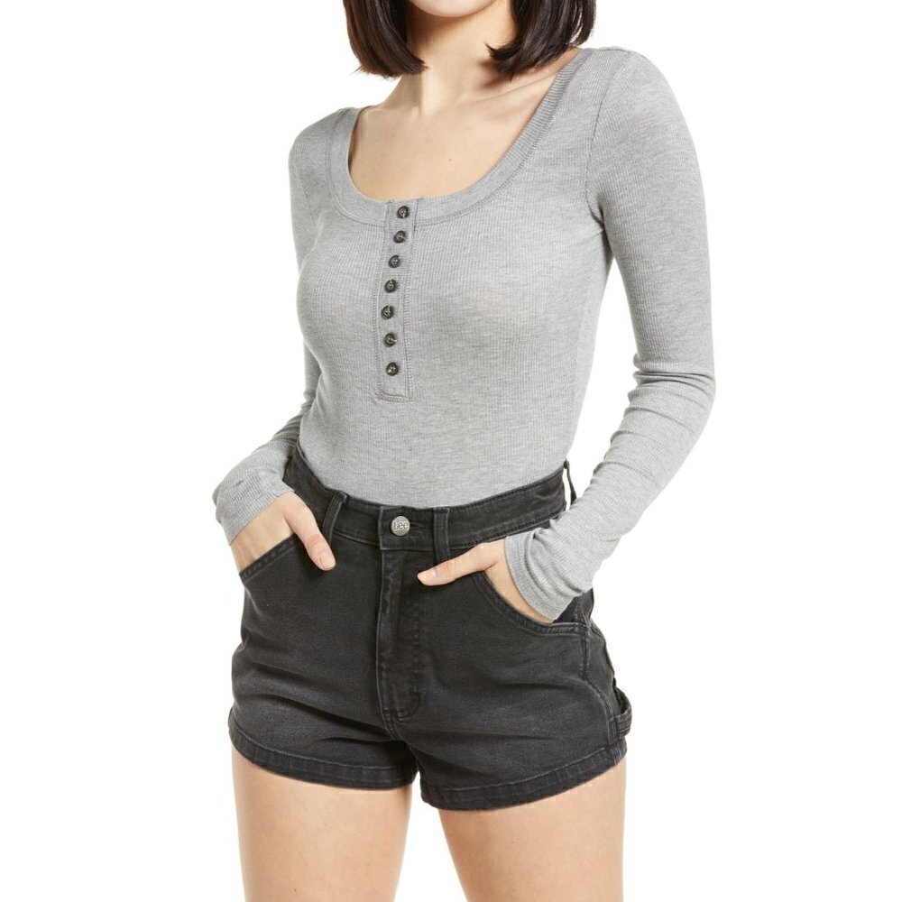 Lulus Simply The Best Henley Bodysuit, Size Large - Grey